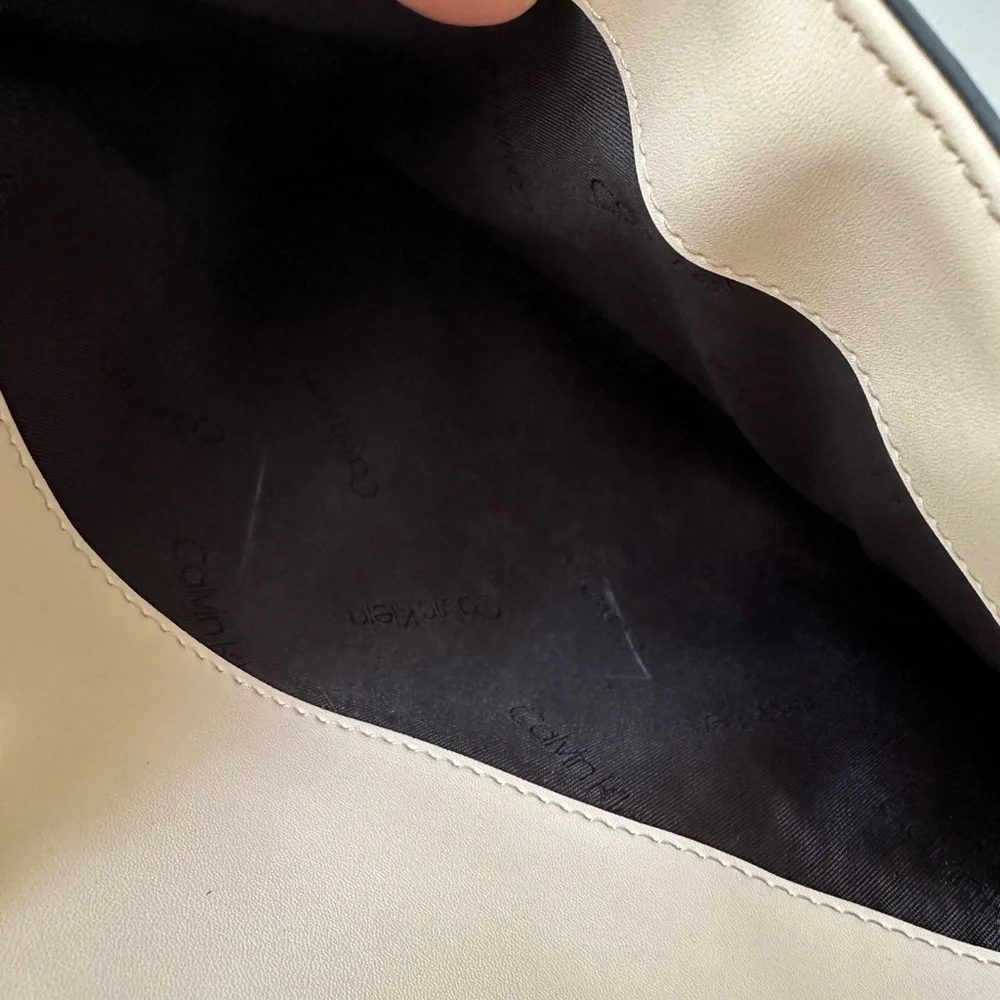 Calvin Klein Cream Roxy Leather Tote Crossbody Bag with Gold Accents